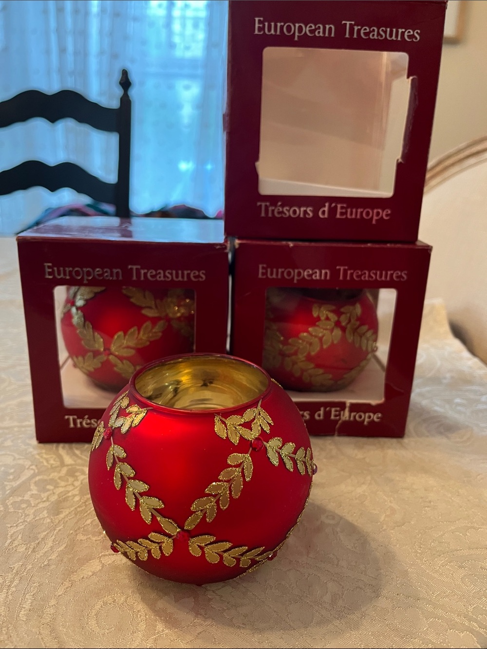 Bombay Red and Gold Leaf Glass Votive Holder Set of 3 NWT